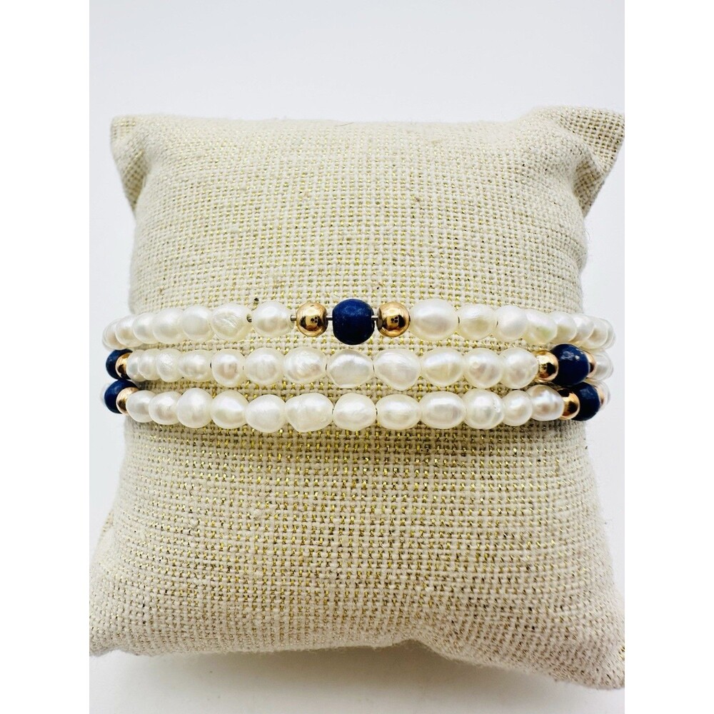 Vintage Memory Wire Bracelet Freshwater Pearls & Blue Lapis Bangle One Size
